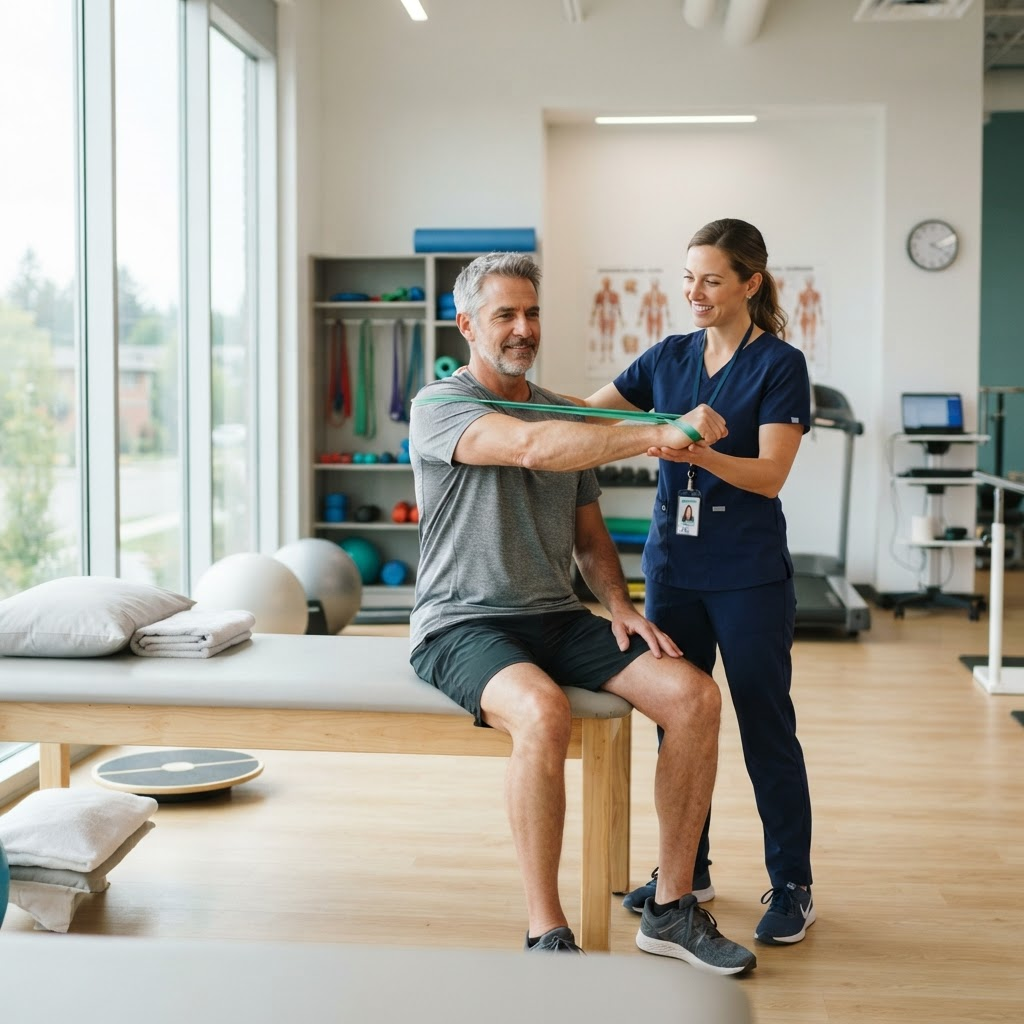 A physical therapist guiding a patient through a strengthening exercise at Centra Hill Physical Therapy